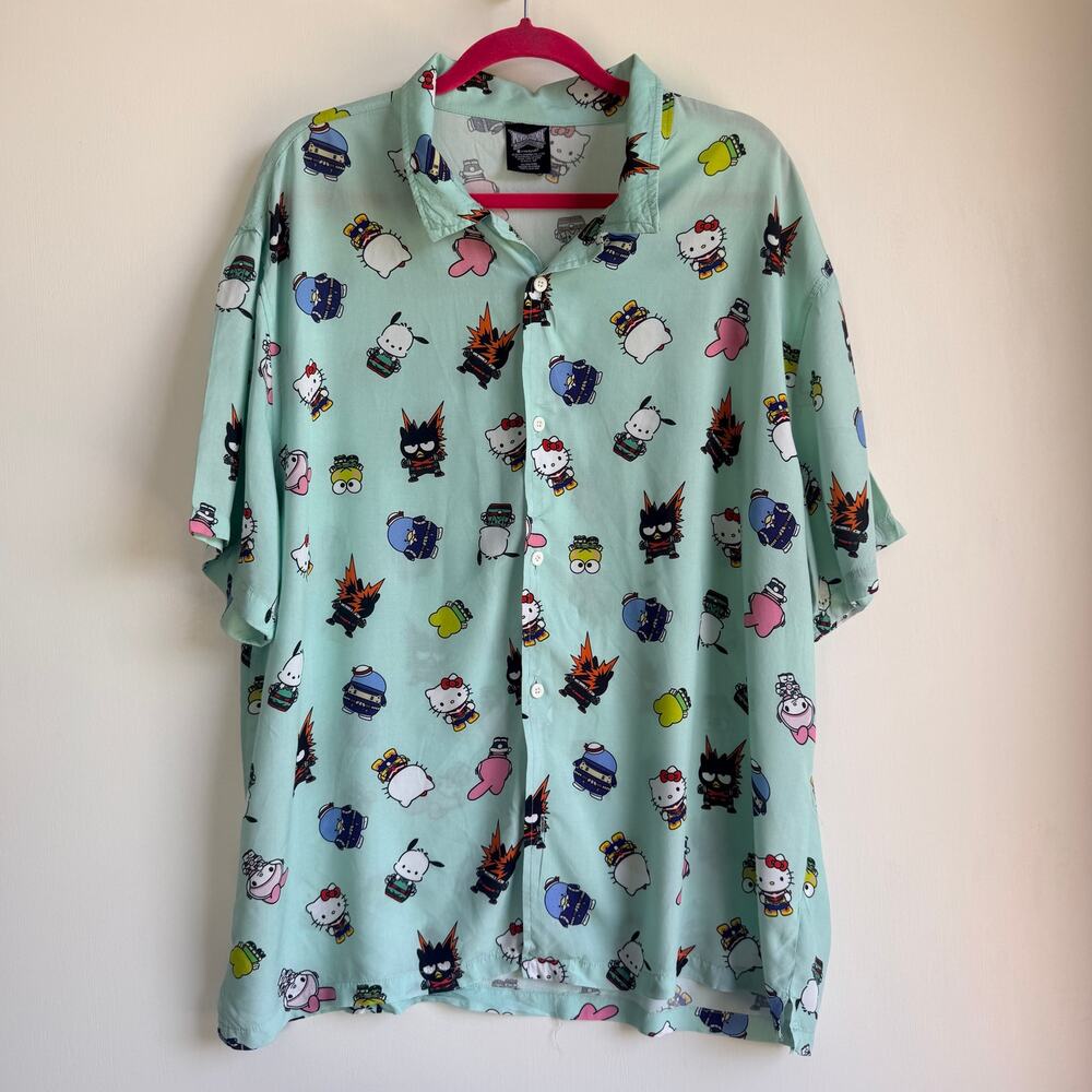 Sanrio x My Hero Academia XL Button Up Shirt Mint Rayon Hello Kitty Anime Woven